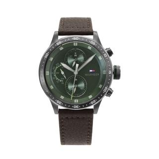 【Tommy Hilfiger】Trent系列 鐵灰殼 綠色面 三眼日期顯示 深咖啡色皮革錶帶 手錶 男錶(1791809)