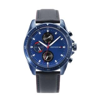【Tommy Hilfiger】Parker系列 藍殼 藍面 三眼日期顯示 深藍色皮革錶帶 手錶 男錶(1791839)