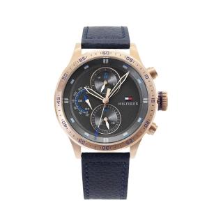 【Tommy Hilfiger】Trent系列 玫瑰金殼 灰面 三眼日期顯示 深藍色皮革錶帶 手錶 男錶(1791808)