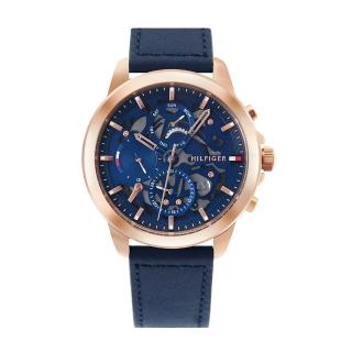 【Tommy Hilfiger】玫瑰金殼 藍面 三眼日期顯示腕錶 面板鏤空特殊設計 深藍色皮革錶帶 手錶 男錶(1710475)
