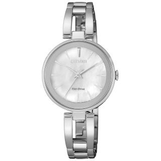 【CITIZEN 星辰】LADYS系列 銀色系 白蝶貝光動能腕錶 不鏽鋼手環式錶帶 女錶(EM0631-83D)