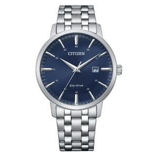 【CITIZEN 星辰】GENTS系列 極簡藍面 銀框 光動能腕錶 不鏽鋼錶帶(BM7461-85L)