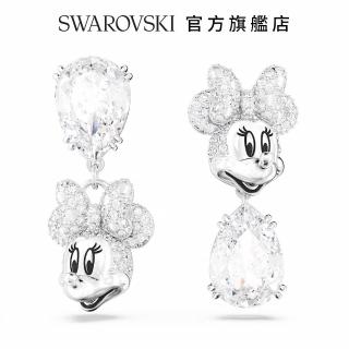 【SWAROVSKI 官方直營】Disney Minnie Mouse 水滴形耳環非對稱設計 白色 鍍白金色