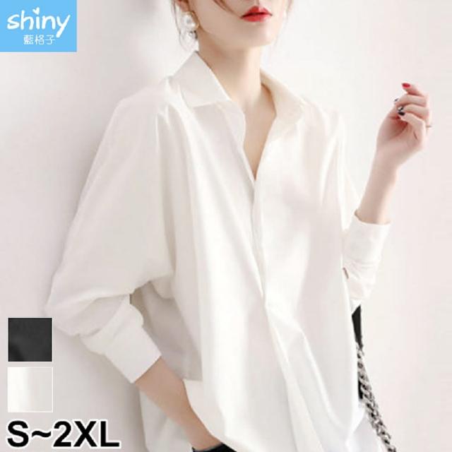 【Shiny 藍格子】純色翻領寬鬆側邊褶皺長袖上衣 V3436 現+預(女裝 襯衫)