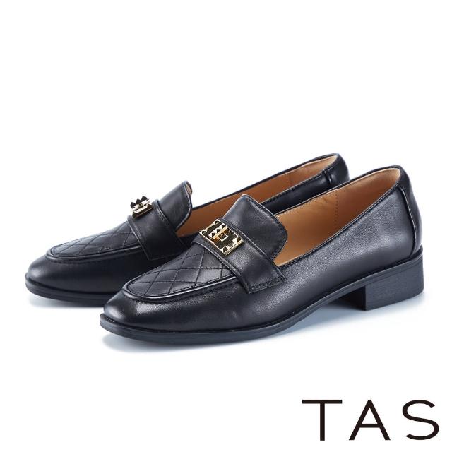 【TAS】經典復古金屬釦真皮樂福低跟鞋(黑色)