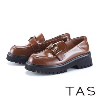 【TAS】復古皮帶金屬釦真皮鋸齒厚底樂福鞋(棕咖)