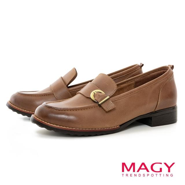 【MAGY】牛皮金屬釦粗低跟紳士鞋(棕色)