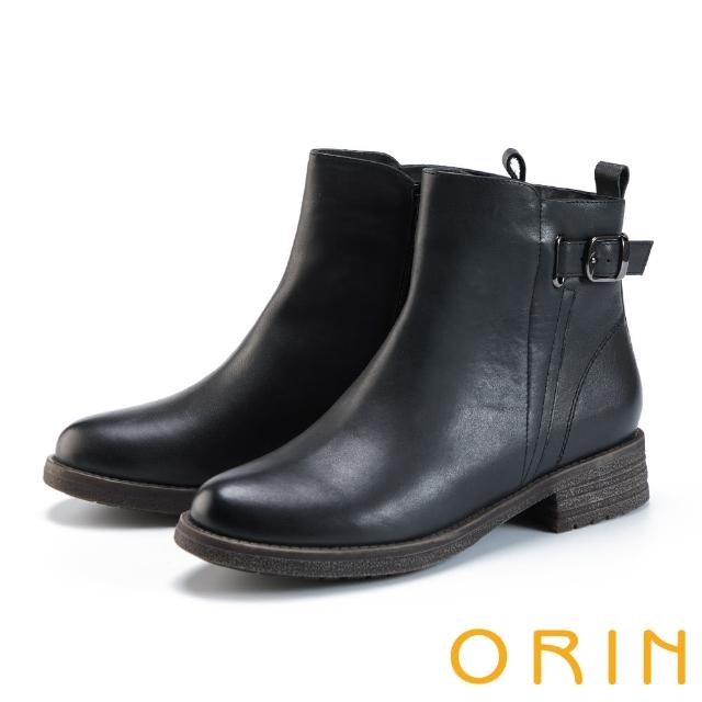 【ORIN】柔軟羊皮釦環粗低跟短靴(黑色)