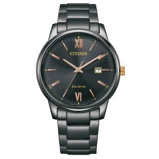 【CITIZEN 星辰】PAIR系列 簡約黑色系 玫瑰金刻度 光動能腕錶 不鏽鋼錶帶(BM6976-72E)