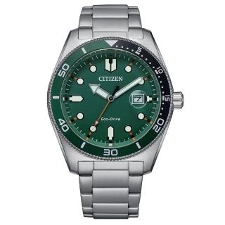 【CITIZEN 星辰】GENTS系列 運動風 綠面 銀框 光動能腕錶 不鏽鋼錶帶(AW1768-80X)