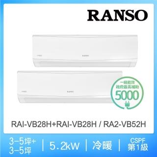 【RANSO 聯碩】3-5坪+3-5坪(一對二變頻冷暖分離式冷氣RAI-VB28H+RAI-VB28H_RA2-VB52H)