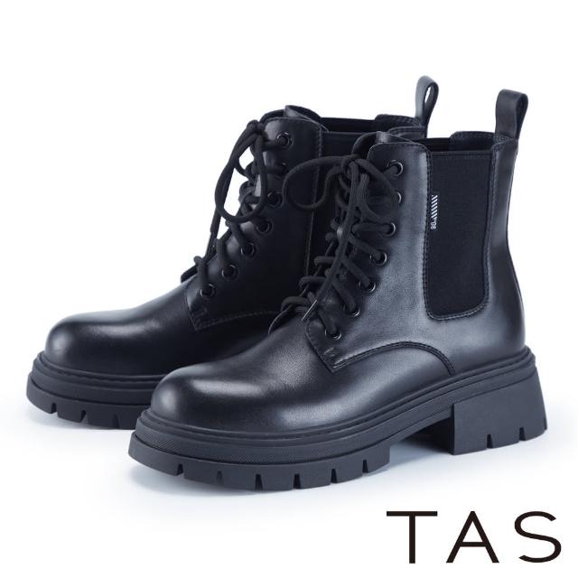【TAS】英倫風真皮綁帶鋸齒厚底短靴(黑色)