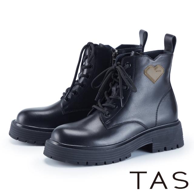【TAS】愛心真皮綁帶鋸齒厚底短靴(黑色)