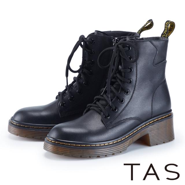 【TAS】線條造型真皮綁帶厚底短靴(黑色)