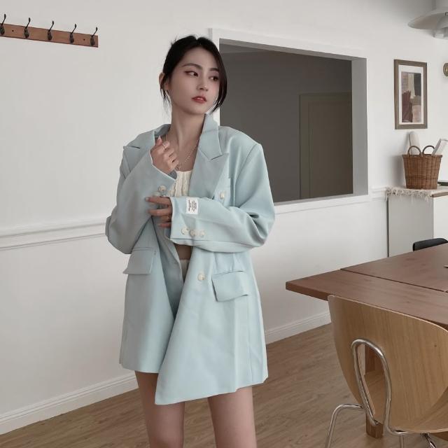 【DOMISS 朵蜜絲】韓版Tiffany綠 車標西裝外套(西裝外套 韓系 西外 韓版外套)