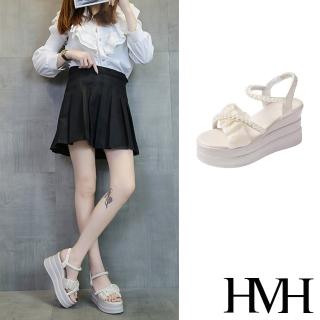 【HMH】坡跟涼鞋 厚底涼鞋/甜美交叉珍珠抓褶厚底坡跟涼鞋(米)
