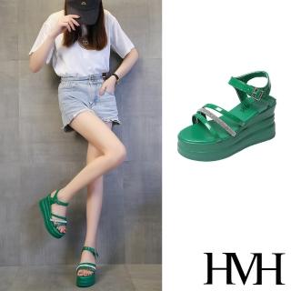 【HMH】坡跟涼鞋 厚底涼鞋/閃耀金蔥鑽條縷空線條拼接坡跟厚底涼鞋(綠)