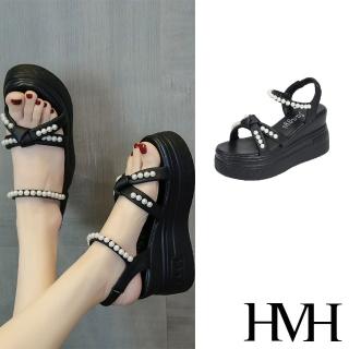 【HMH】坡跟涼鞋 厚底涼鞋/甜美珍珠交叉蝴蝶結造型坡跟厚底涼鞋(黑)