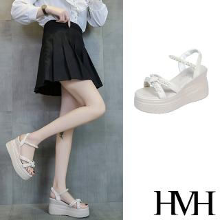 【HMH】坡跟涼鞋 厚底涼鞋/甜美珍珠交叉蝴蝶結造型坡跟厚底涼鞋(米)