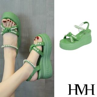 【HMH】坡跟涼鞋 厚底涼鞋/甜美珍珠交叉蝴蝶結造型坡跟厚底涼鞋(綠)