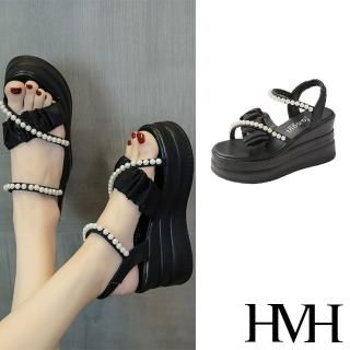 【HMH】坡跟涼鞋 厚底涼鞋/甜美交叉珍珠抓褶厚底坡跟涼鞋(黑)