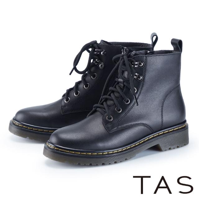 【TAS】率性真皮飛機釦綁帶平底短靴(黑色)
