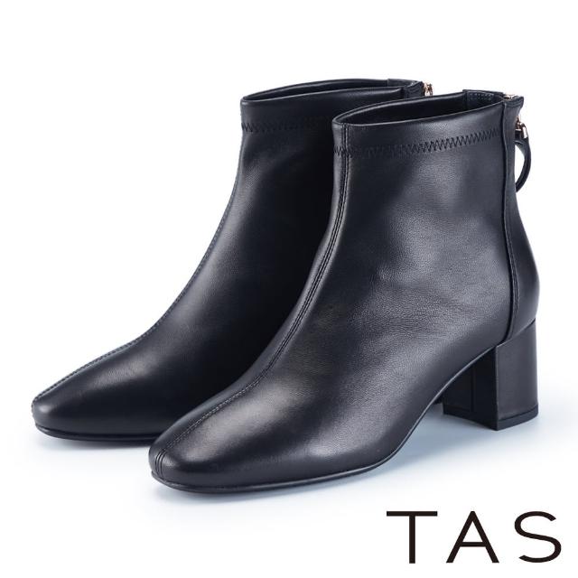 【TAS】百搭素面柔軟羊皮中跟短靴(黑色)