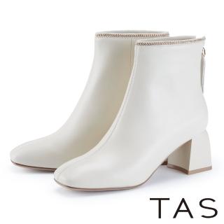 【TAS】金屬鍊條羊皮中跟短靴(米白)