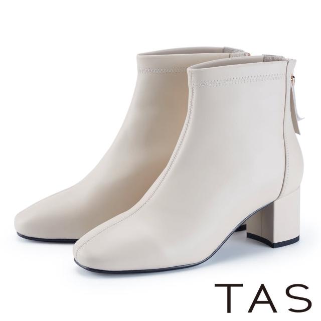 【TAS】百搭素面柔軟羊皮中跟短靴(米白)
