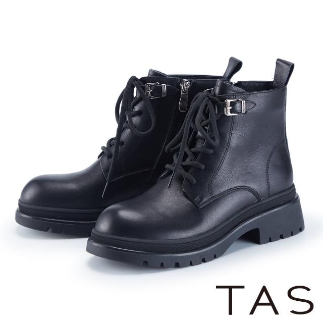【TAS】個性綁帶真皮厚底馬汀靴(黑色)