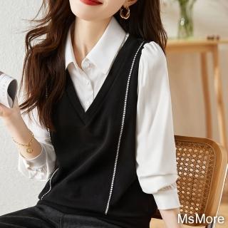 【MsMore】假兩件拼接襯衫優雅長袖飄帶寬鬆短版上衣#119925(黑白)