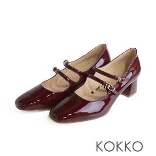 【KOKKO 集團】復古優雅小方頭雙繫帶粗跟瑪莉珍鞋(酒紅色)