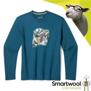 【SmartWool】男女 美麗諾羊毛 控溫圓領長袖塗鴉T恤 熊熊剪影.透氣休閒上衣(SW017155-G74 暮光藍)