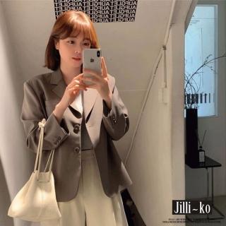 【JILLI-KO】韓版通勤設計感開扣休閒西裝外套-F(卡)