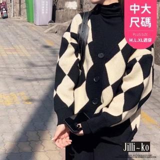 【JILLI-KO】韓版復古毛衣菱格慵懶風針織開衫外套中大尺碼-F(黑/咖)