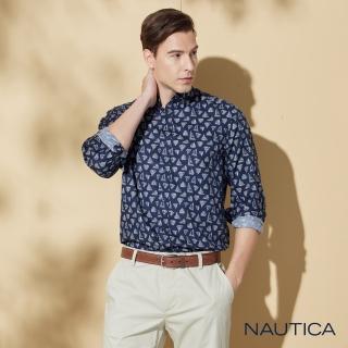 【NAUTICA】男裝 復古風格帆船圖騰長袖襯衫(深藍)