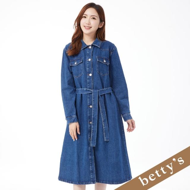 【betty’s 貝蒂思】直筒牛仔腰帶長袖洋裝(深藍色)