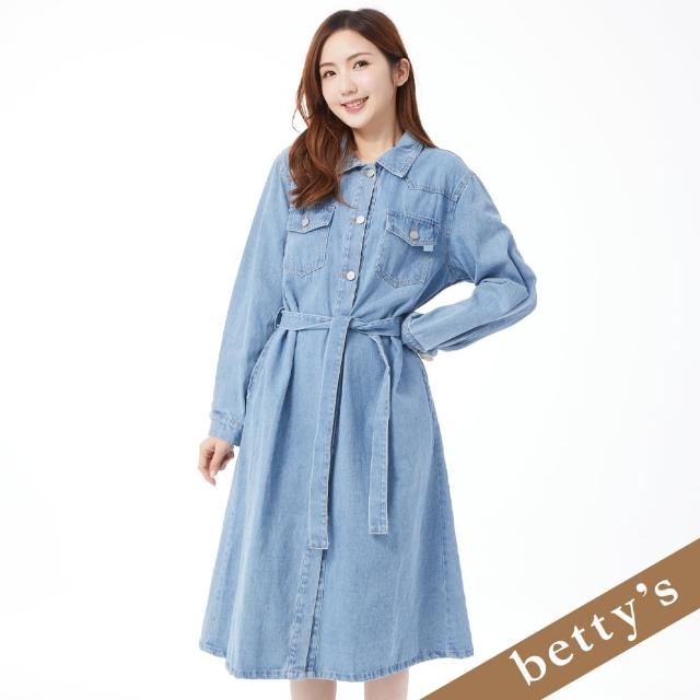 【betty’s 貝蒂思】直筒牛仔腰帶長袖洋裝(淺藍色)