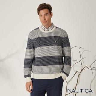 【NAUTICA】男裝 小波紋條紋長袖毛衣(藍)