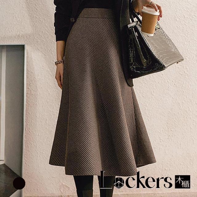【Lockers 木櫃】秋季復古千鳥格傘狀半身裙 L112103005(半身裙)