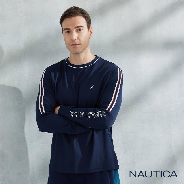 【NAUTICA】男裝 吸濕排汗品牌LOGO長袖T恤(深藍)