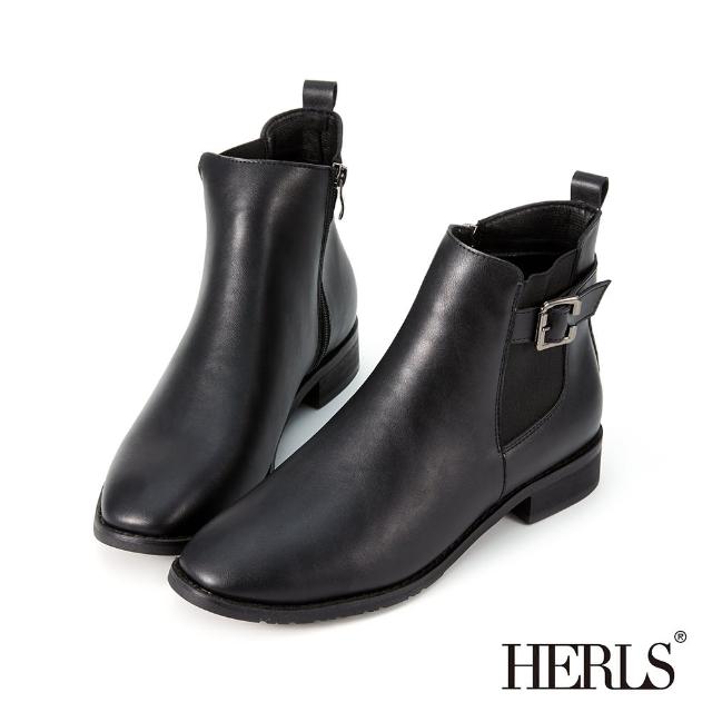 【HERLS】短靴-率性釦環鬆緊彈性皮革短靴(黑色)
