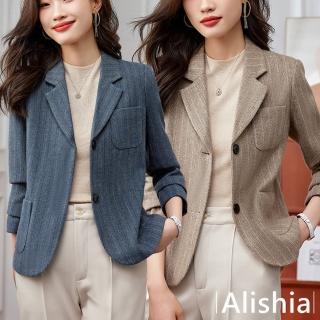 【Alishia】顯瘦條紋短版休閒西裝外套 M-3XL(現+預 杏色 / 橘紅色 / 藍色)