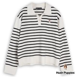 【Hush Puppies】女裝 線衫 開襟領條紋拼接長袖線衫(黑/白條紋 / 34213107)