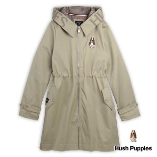 【Hush Puppies】女裝 外套 品牌印花刺繡狗連帽抽繩長版外套(淺卡其 / 34217107)