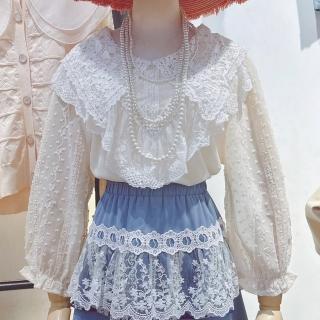 【BBHONEY】韓風蕾絲領點點袖雪紡衫(網美必備上衣)