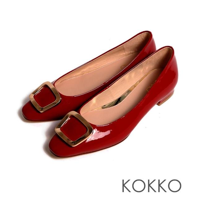 【KOKKO 集團】典雅金屬飾扣牛漆皮方頭低跟鞋(紅色)
