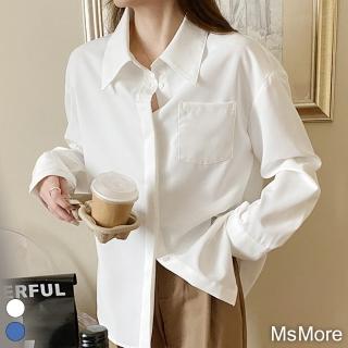 【MsMore】襯衫時尚韓劇女主穿搭長袖氣質短版上衣#120057(白/藍)