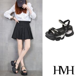 【HMH】厚底涼鞋 交叉涼鞋/甜美珍珠交叉蝴蝶結個性厚底涼鞋(黑)