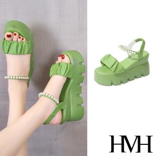 【HMH】坡跟涼鞋 厚底涼鞋 一字涼鞋/個性抓褶一字珍珠綴飾坡跟厚底涼鞋(綠)